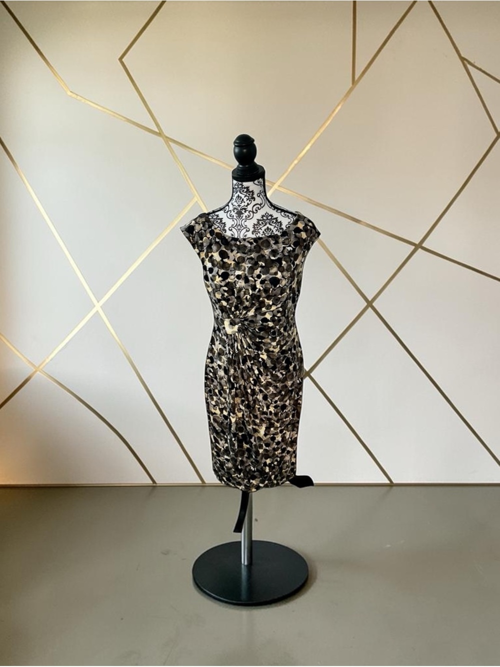 Connected Apparel Mixed Print Gathered Dress Black Gold Metallic Sheath Sz 12
